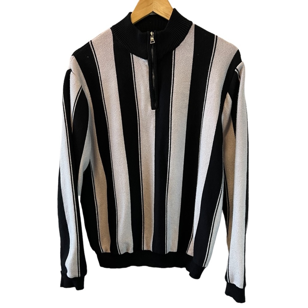 GUESS White & Black Striped Oversized Half Zip Long Sleeve High Neck Sweater L